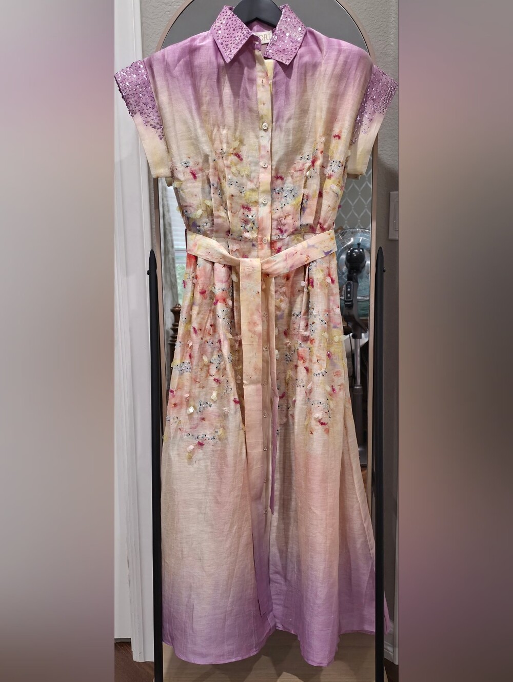 Aqua Bloom Mirage Sequin Collar Ombre Floral Shirt Dress